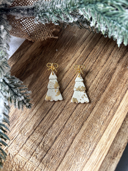 White Christmas Trees with Gold Bows